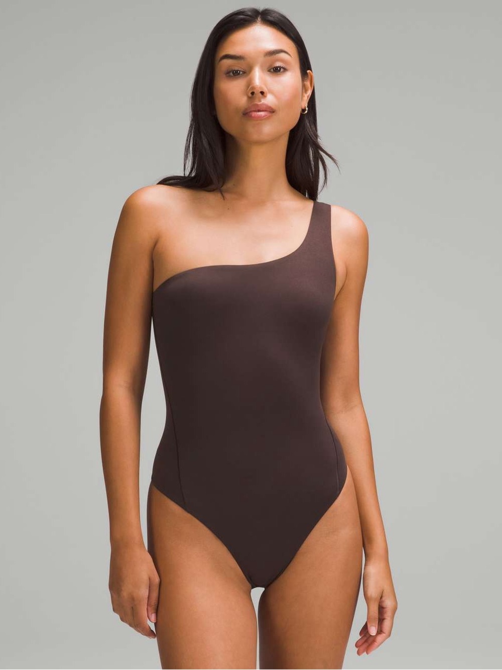 Lululemon Wundermost Ultra-Soft Nulu Asymmetrical Bodysuit in Expresso